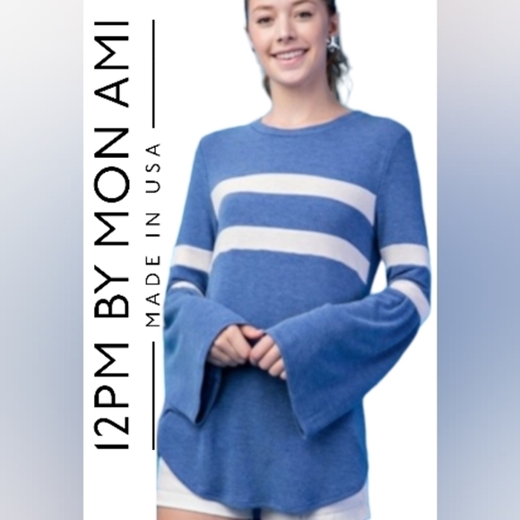 12 PM BY MON AMI Terry Varsity Bell Sleeve Blue & White Sweater Size Large NWT - Picture 1 of 3